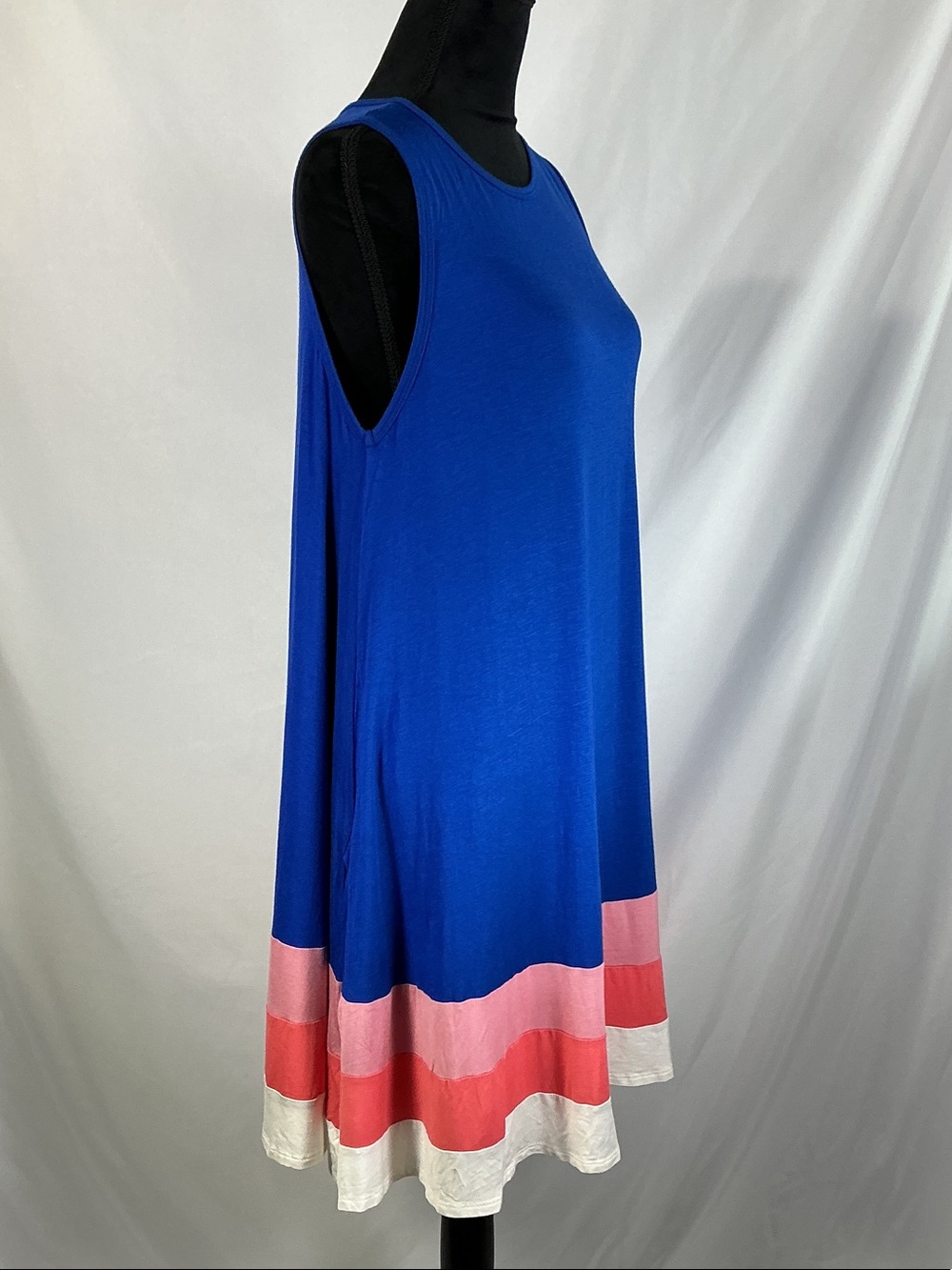 Bellamie Blue Sleeveless Midi Dress Pink, Coral & Cream Hem Bands Size L NWT